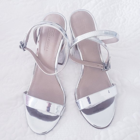 NEW! Luxe Aesthetic Silver ASOS Wedges Block High Heels Stripes 8 London Fashion - Picture 7 of 9